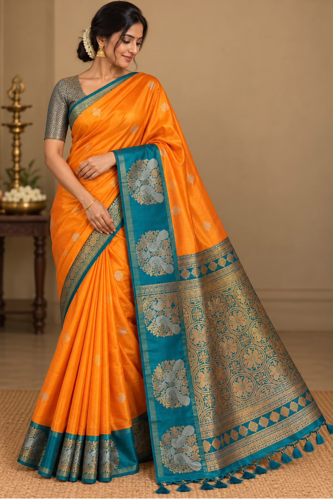 Orange Semi-Silk Saree