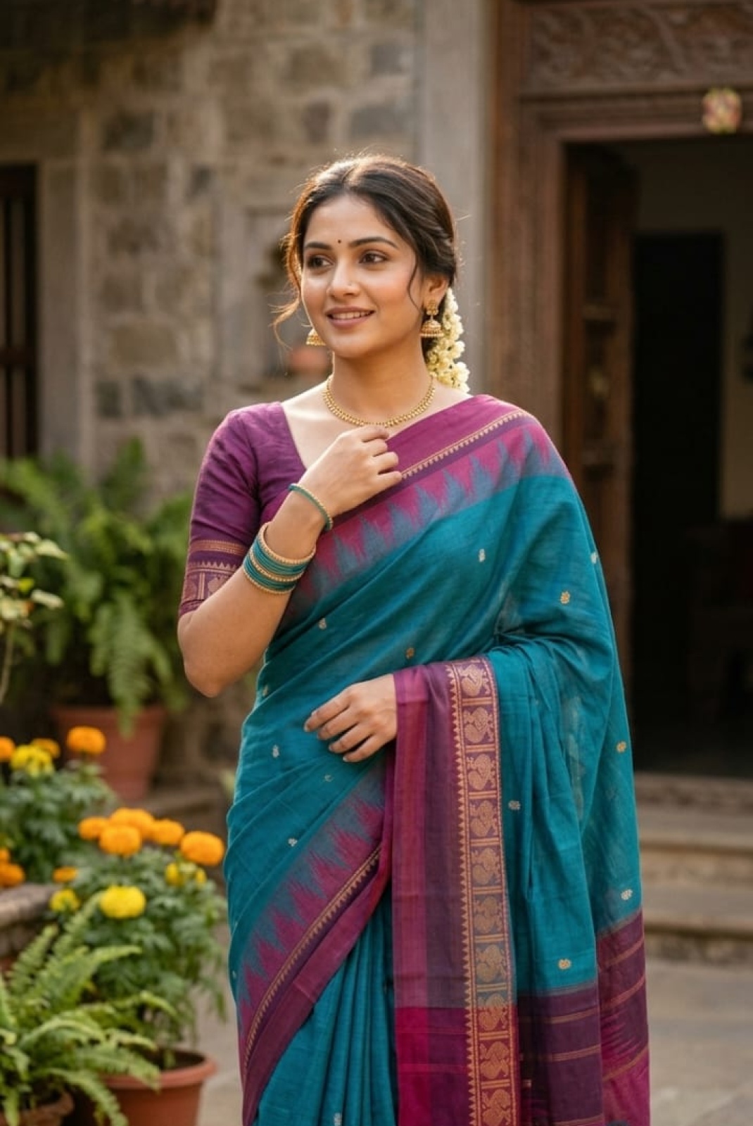 Teal Blue Cotton Saree with Traditional Temple Border