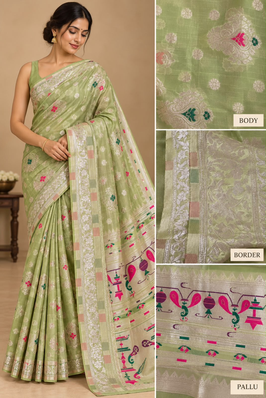Pistachio Green Zari Work Semi-Cotton Saree
