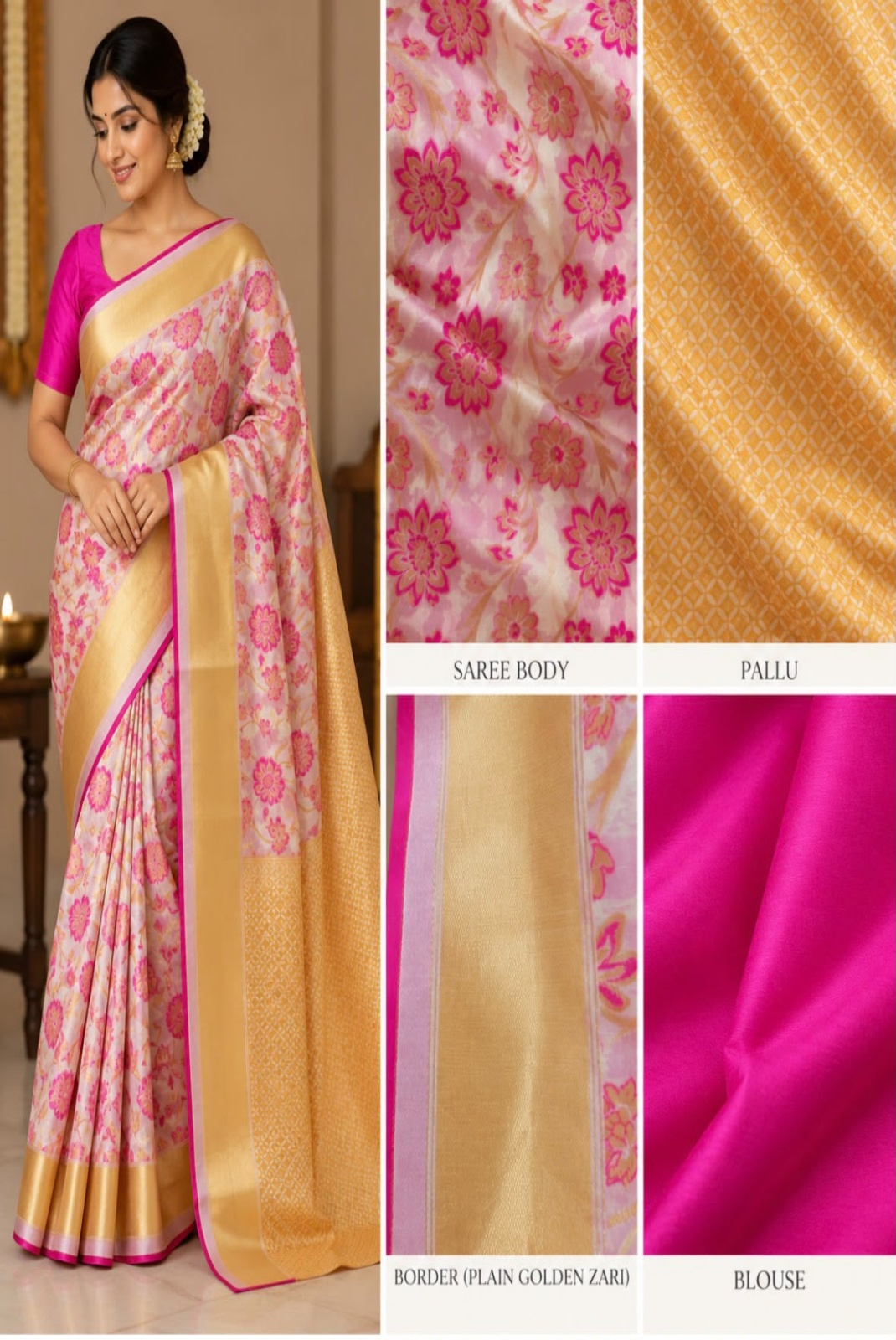 Golden Yellow & Pink Floral Semi-Silk Saree