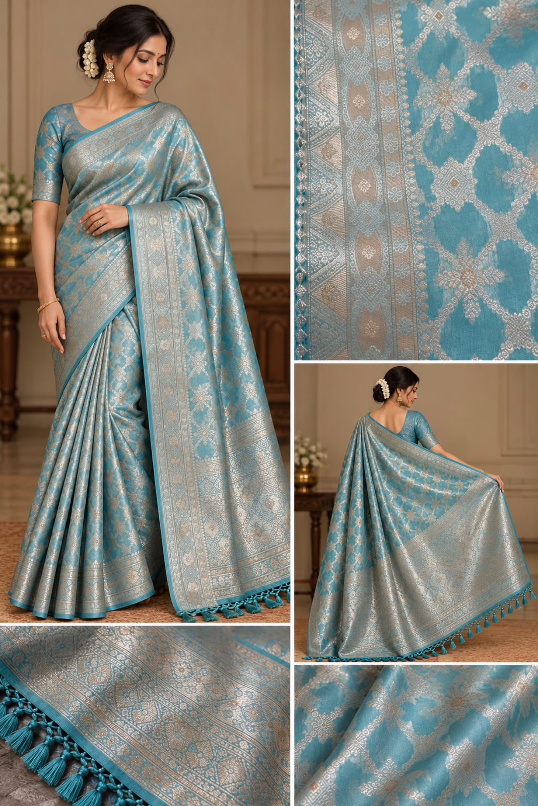 teal-blue brocade saree